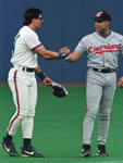 Jose shaking hands with David Justice before the game on 5/29/98 (CP Photo)