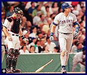 Jose drops his bat after a 422 foot homer in Boston on 7/24/98 (AP)