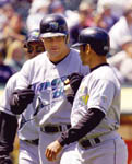 Jose crossing the plate after his 20th homer on 6/2/99 (AP)