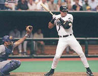 Jose being hit by the first pitch he saw after his return from the DL on 8/20/99 (SP Times)