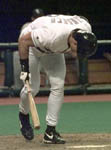 Jose bent over in pain after being hit by a pitch on 8/24/99 (AP)